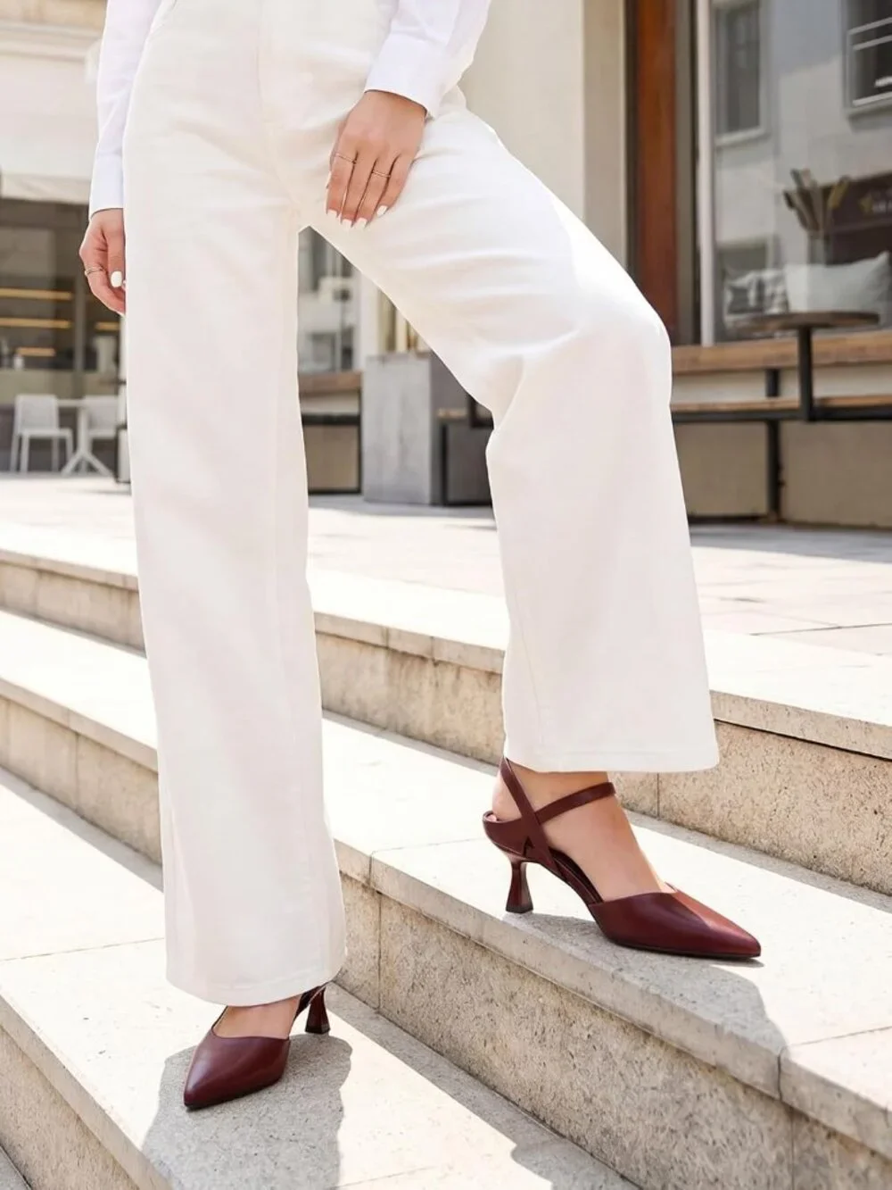 Women's Burgundy Kitten Heels Closed Pointed Toe Pumps Adjustable Strap Shoes